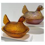 Amber Carnival Glass Hen-On-Nest Dishes