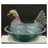 Rare Indiana Glass Iridescent Glass Hen Nest Dish