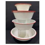 Vintage Red & White Enamelware Bowls, Pans