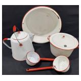 Vintage Red & White Enamelware Kettle, Pans & More