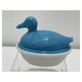 Vintage Blue & White Duck Milk Glass Covered Dish