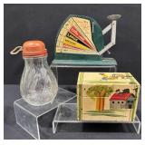 Vintage Jiffy-Way Egg Scale, Tin Recipe Jar & More