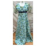 1970s Blue Floral Maxi Dress Empire Waist