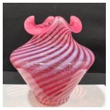 Vintage Cranberry Swirl Art Glass Ruffled Vase