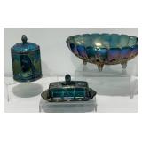 Carnival Glass Harvest Grape Canister, Bowl & Dish