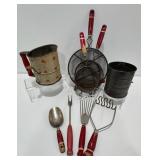 Vintage Red Handled Kitchen Utensils, Strainers