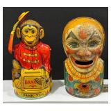 Tin Litho Monkey And Clown Bank Pair