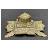 Art Deco Ornate Brass Inkwell, Porcelain Insert