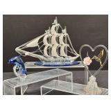 Vintage Glass Figurines: Ship, Dolphins, Heart