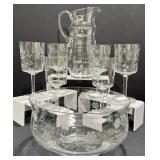 Vintage Etched Glass Beverage and Bowl Set