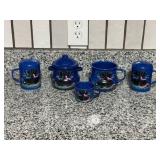Blue Enameled Amish-Themed Creamer, Sugar Etc