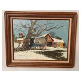 Framed H. Hargrove Winter Barn Oil on Canvas