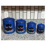 4 Blue Enameled Amish-Themed Metal Canister Set