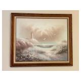 Framed Lighthouse Oil Painting on Canvas