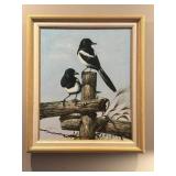 Framed Artwork of Two Magpies on Fence Post