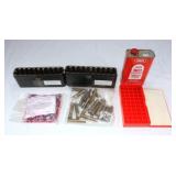 Box of Gun Brass, Bullets, Powder & Cleaning Rods