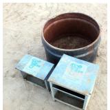 (2) Small Animal Feeders & 1/2 Metal Barrel