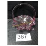 Fenton Glass Pink Cabbage Rose Basket w/Ruffled Ed