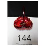 Fenton Ruby Red Fluted Basket w/Handle w/Rose