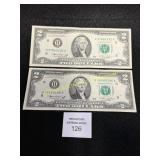 2 US 1976 $2 Bills - Uncirculated
