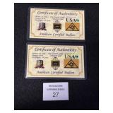 2 Certified Bullion Cards with 24 Karat Gold