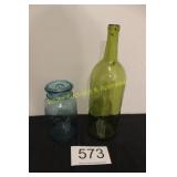 Blue Ball Canning Jar & Green Glass Bottle