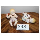 Pair of Bisque Babies w/Rattle & Bottle