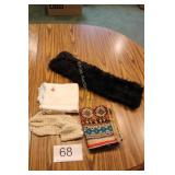 Vtg. Linen Scarf & Faux Fur Trim