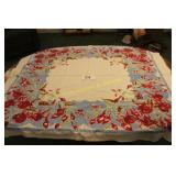 Vtg. Floral Linen Tablecloth w/Red Fuchsias