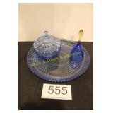 Blue Glass Tray, Candy Dish & Bell