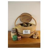 Woven Sewing Basket & Thread Lot