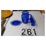 Blue Pitcher 3 Glasses W/Sailboat