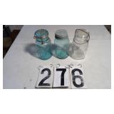 2) Blue, 1) Clear Ball Jars 2) W/Bails