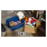 Tote & Box Of Quilt Pieces & Patterns