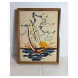 Vtg framed Crewel embroidery sailboat artwork 13"