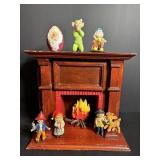 Doll house fire place (wood) & misc figurines...