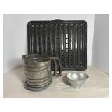 Vtg Flour sifter & enamel broiling pan 17" x 14"