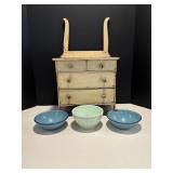 Vtg cabinet with (2) metal bowls & (1) pottery...