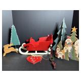 Wooden Christmas sleigh, trees & misc Christmas