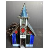 Vtg Stained glass church 8.5"H lights up