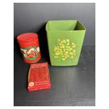 Vtg Waste basket 7" H , candles, & tin