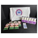 Sewing bias tape, spools of white thread..