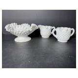 Vtg White hobnail ruffled bowl & cream &...