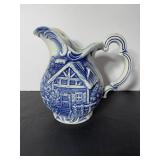 Vtg 7.5" H blue & white pitcher