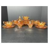Vtg Carnival glass (6) saucers with cups & cream..