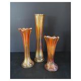 Marigold carnival glass swung vases (3)