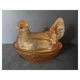 Vtg Amber glass hen on nest covered dish