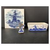 Vtg Delft Blue Windmill shaker, hot plate & small.