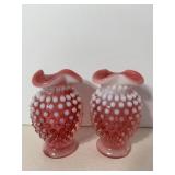 (2) Vtg Fenton cranberry Hobnail mini bud vase