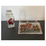 Vtg glass jar & dish with Cherries & flowers...